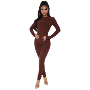 NWT Fashion Nova Maribel Snatched Jumpsuit Chestnut Brown Ribbed Long Sleeve Med